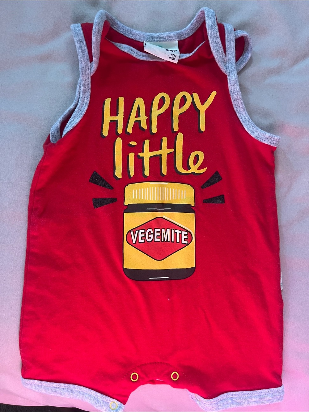 'Happy Little Vegemite' Red Baby Romper Peter Alexander Size 6-12months